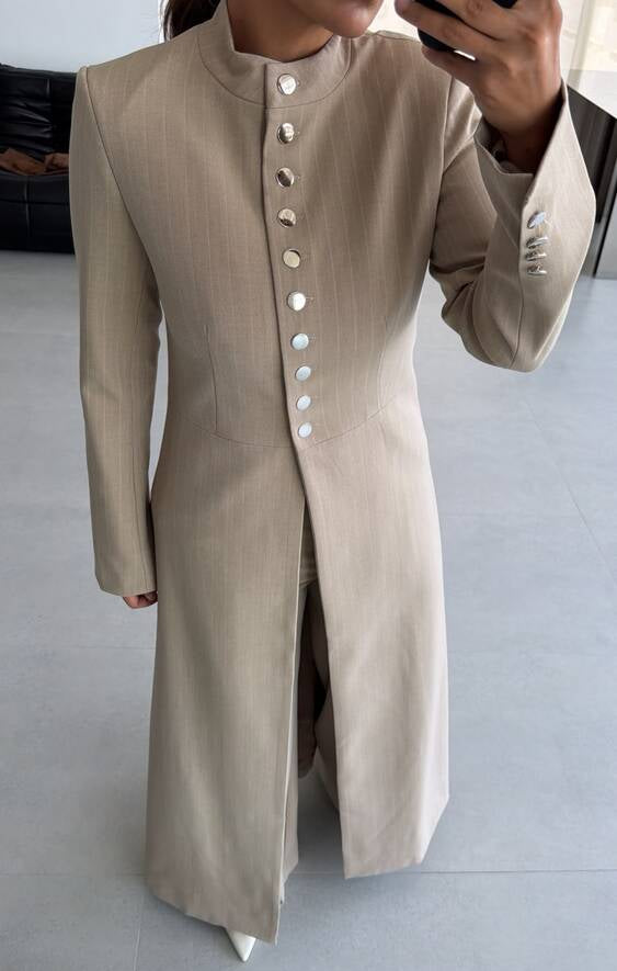 Pinstripe  Silver Button Long Blazer