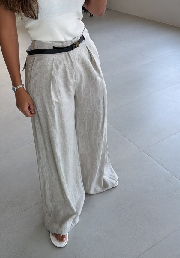 Flap Pockets Linen Trousers w/ Belt