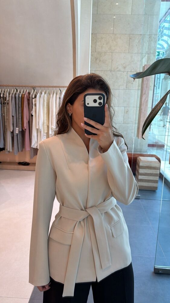 Lapelless Belted Tailored Blazer