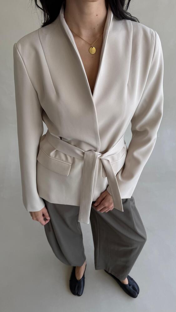 Lapelless Belted Tailored Blazer
