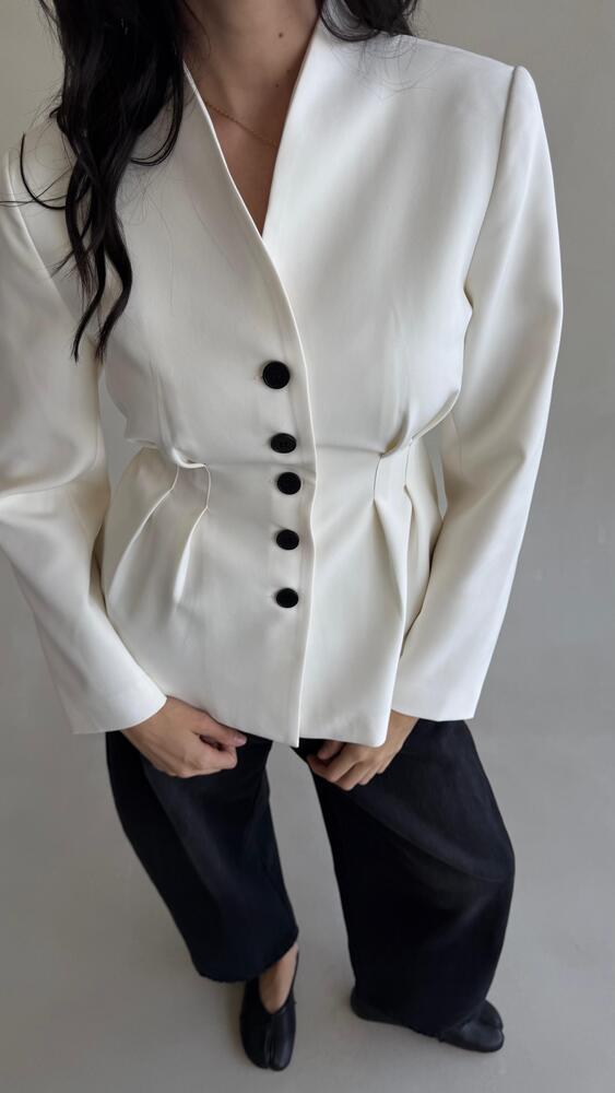 5-Black Button Waist Pleated Blazer