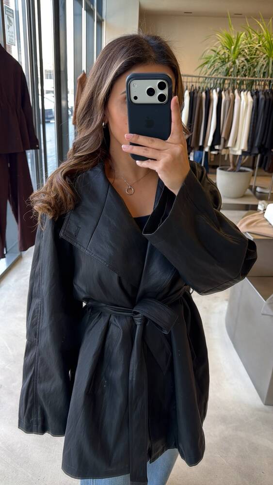 Belted Stand Collar  Leather Jacket