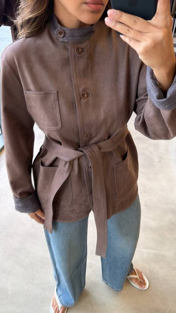 Band Collar Suede Jacket w/ Belt