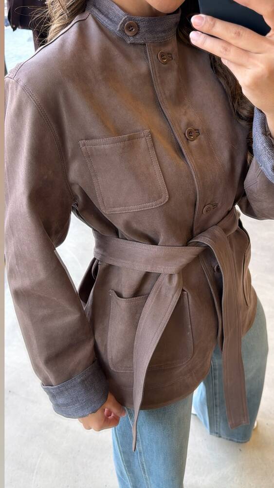 Band Collar Suede Jacket w/ Belt