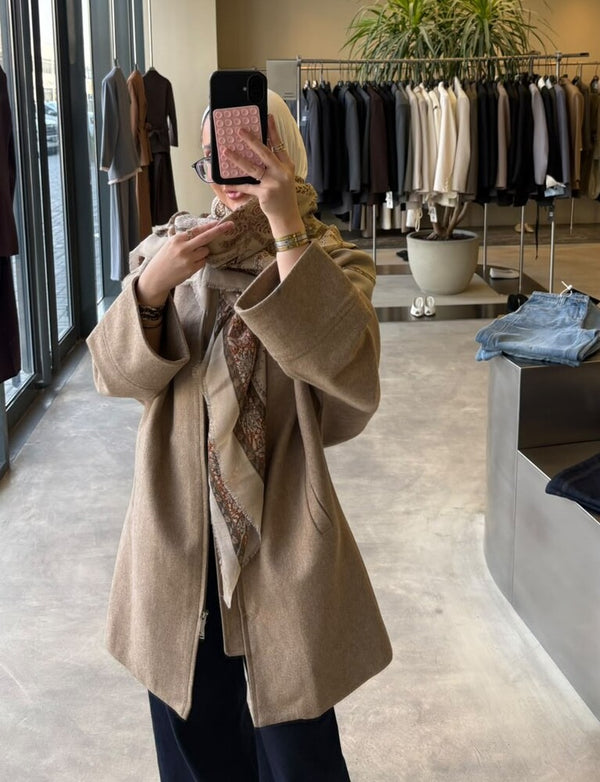 Zip Woolen Jacket w/ Printed Scarf
