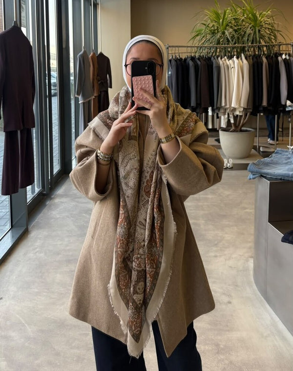 Zip Woolen Jacket w/ Printed Scarf