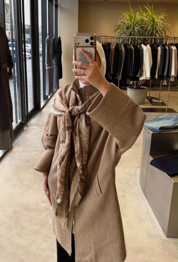 Zip Woolen Jacket w/ Printed Scarf