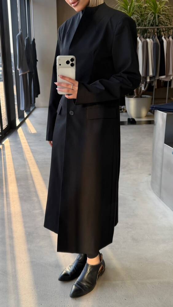 3-button High Neck Long Blazer