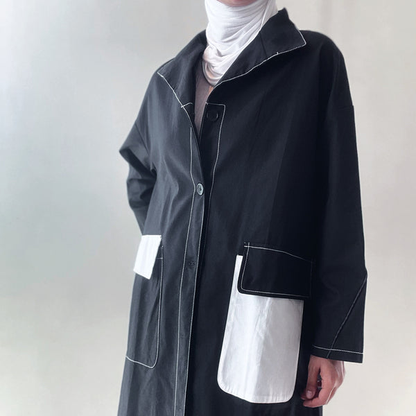 Women Color-block Topstitched Big Size Long Trench