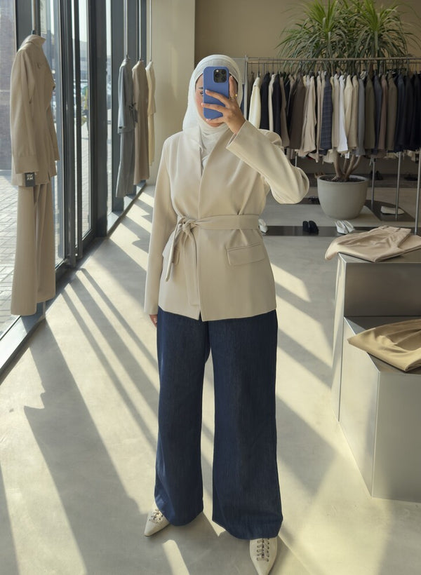Lapelless Belted Tailored Blazer