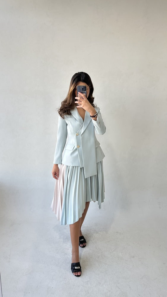 2 Pcs Set Contrast Color Coat Pleated Skirt