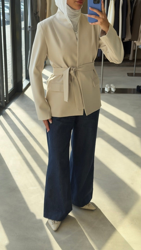 Lapelless Belted Tailored Blazer