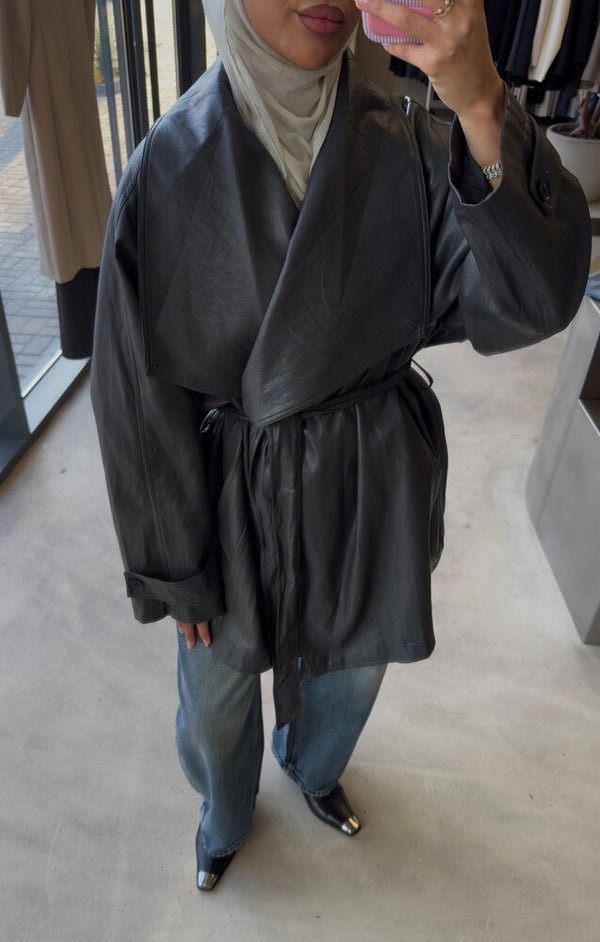 Huge Lapel  Leather Belted Jacket