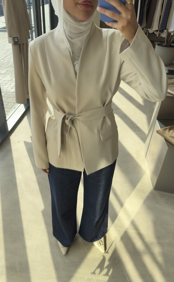 Lapelless Belted Tailored Blazer