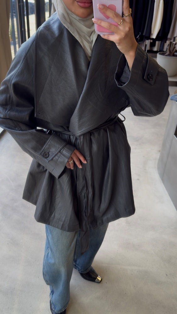 Huge Lapel  Leather Belted Jacket