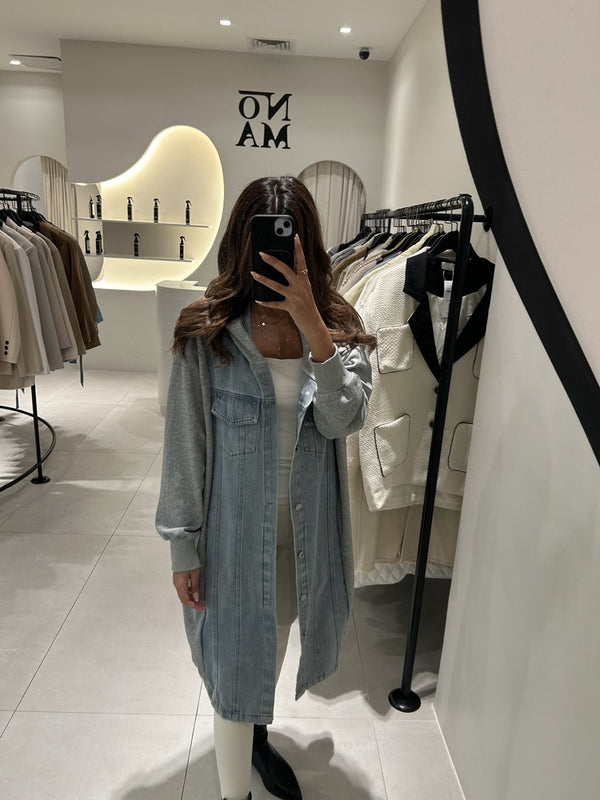 Hooded Spliced Denim Trench Coat For Women