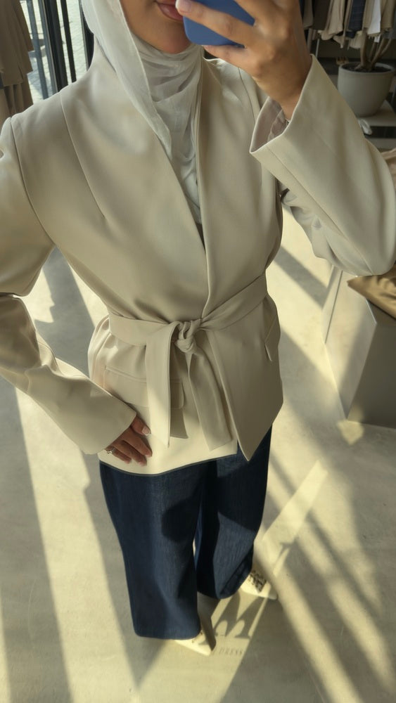 Lapelless Belted Tailored Blazer