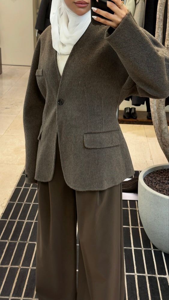 Woolen One-button Blazer Vneck