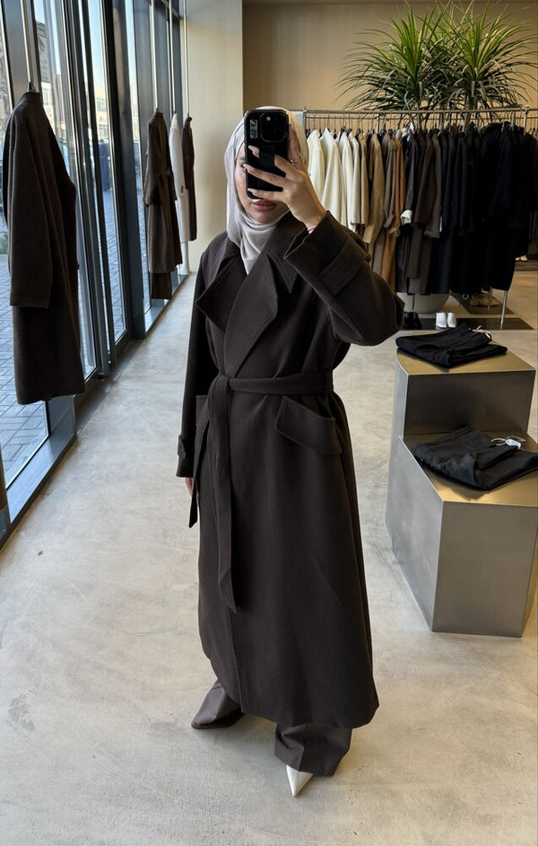 No-button Woolen Belted Coat