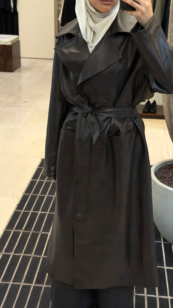 6 Buttons PU Leather Long Coat