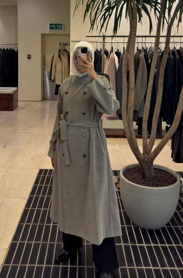 Vneckline Belted Suede Trench Coat