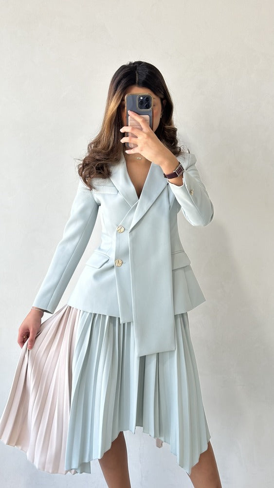 2 Pcs Set Contrast Color Coat Pleated Skirt