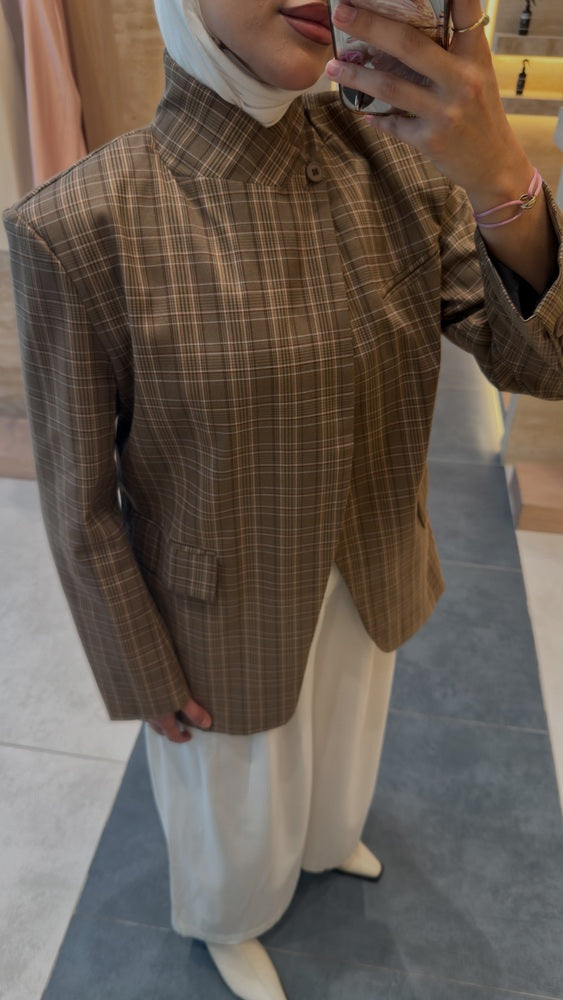 Band Collar Plaid Blazer
