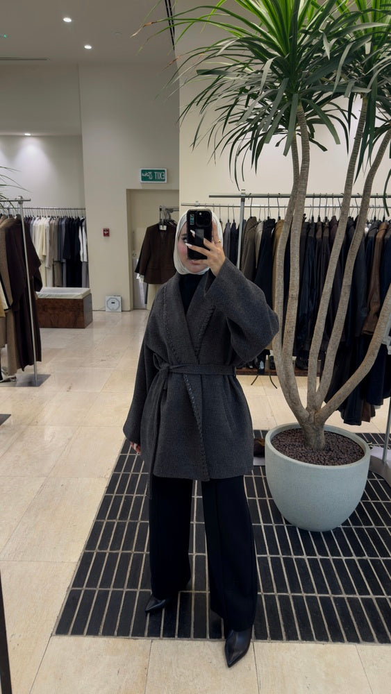 Leather Whipstitch Belted Woolen Jacket