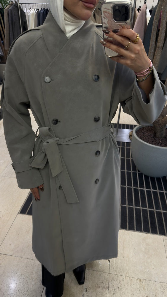 Vneckline Belted Suede Trench Coat