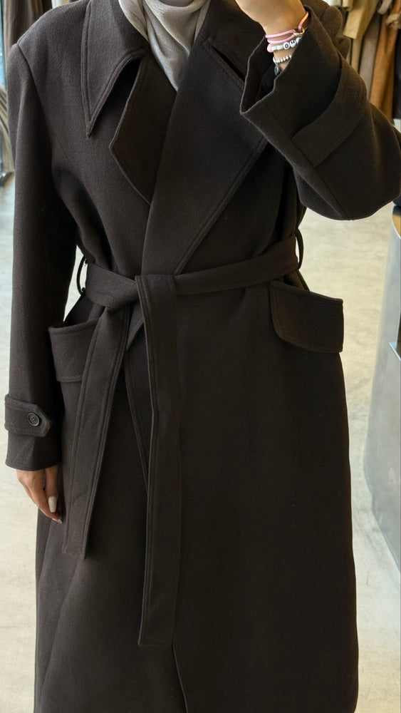 No-button Woolen Belted Coat
