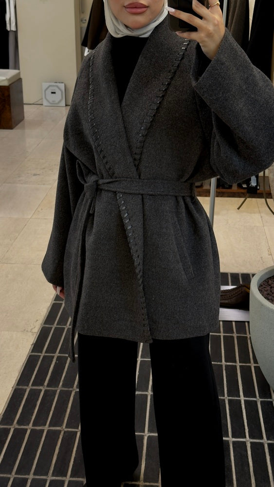 Leather Whipstitch Belted Woolen Jacket