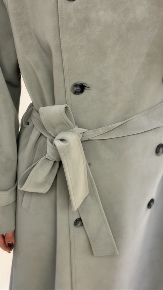 Vneckline Belted Suede Trench Coat