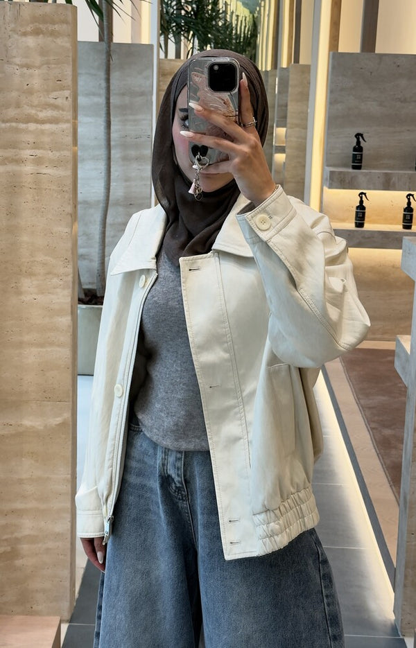 Button-zip Leather Short Jacket