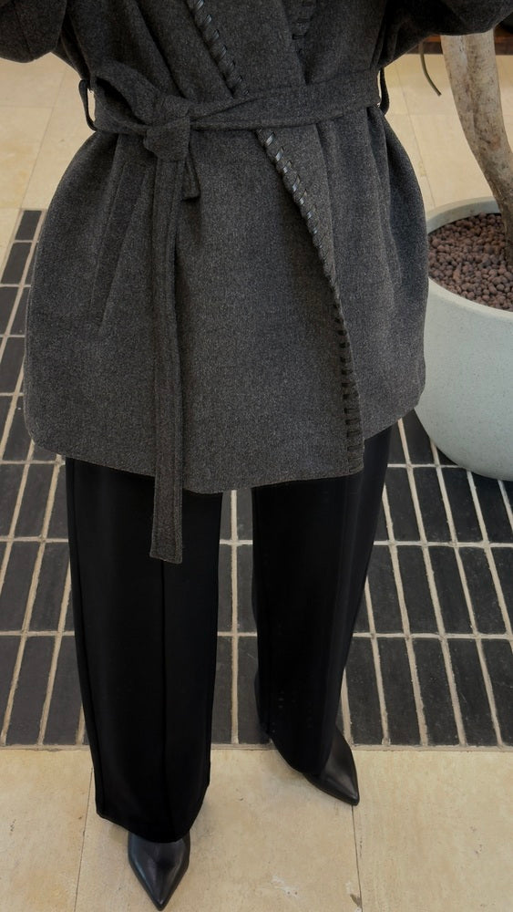 Leather Whipstitch Belted Woolen Jacket