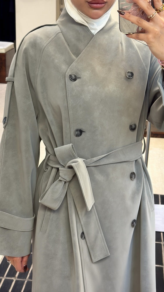 Vneckline Belted Suede Trench Coat