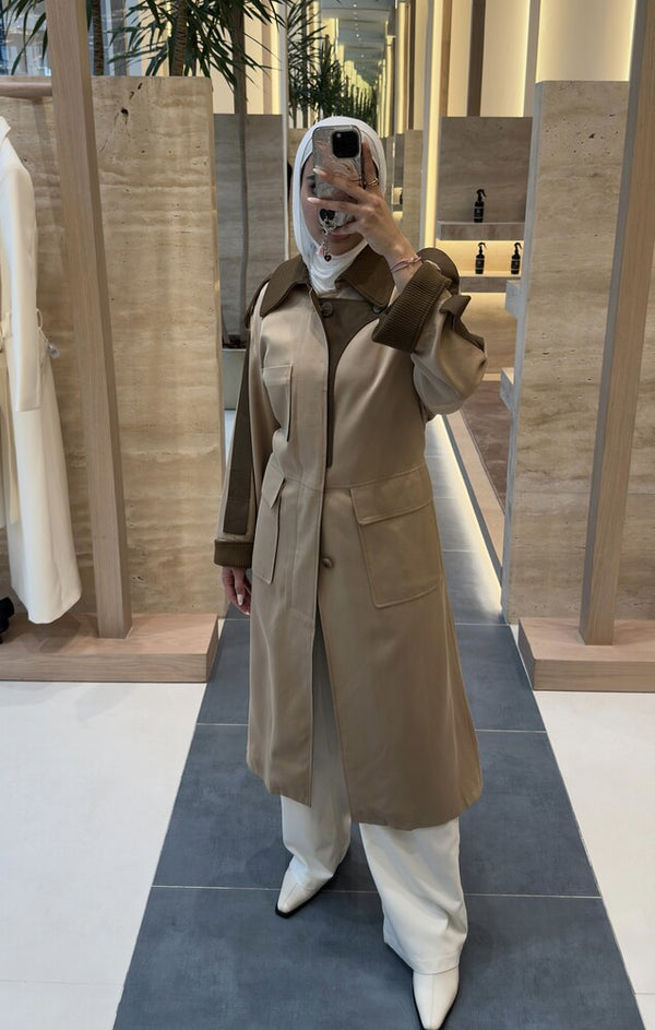 Ribbed Knit Collared Trench Coat w/ Belt