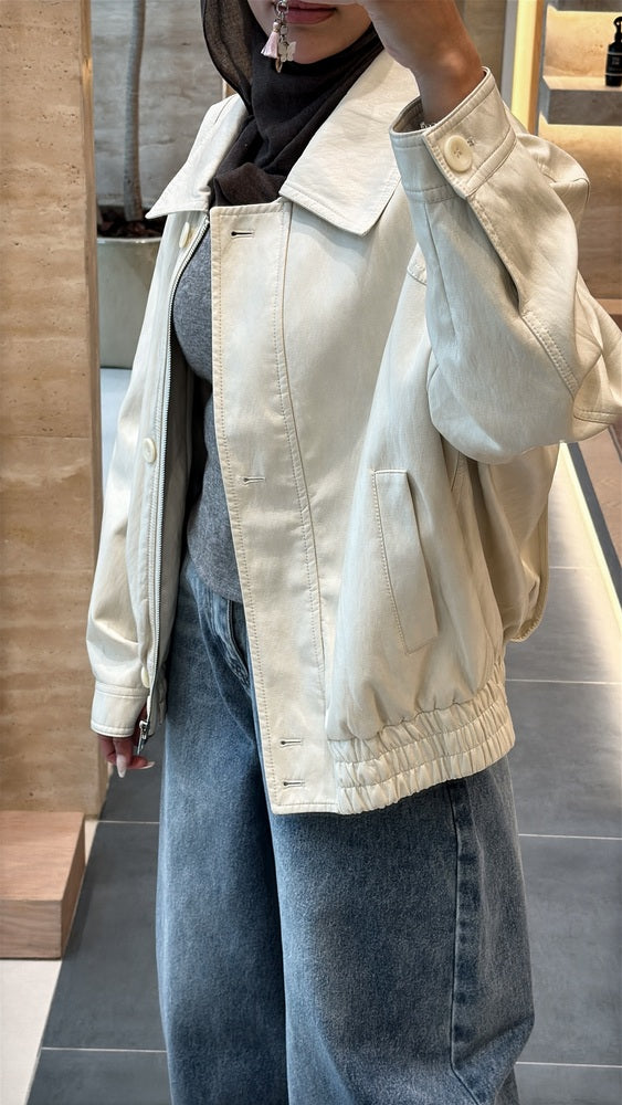 Button-zip Leather Short Jacket