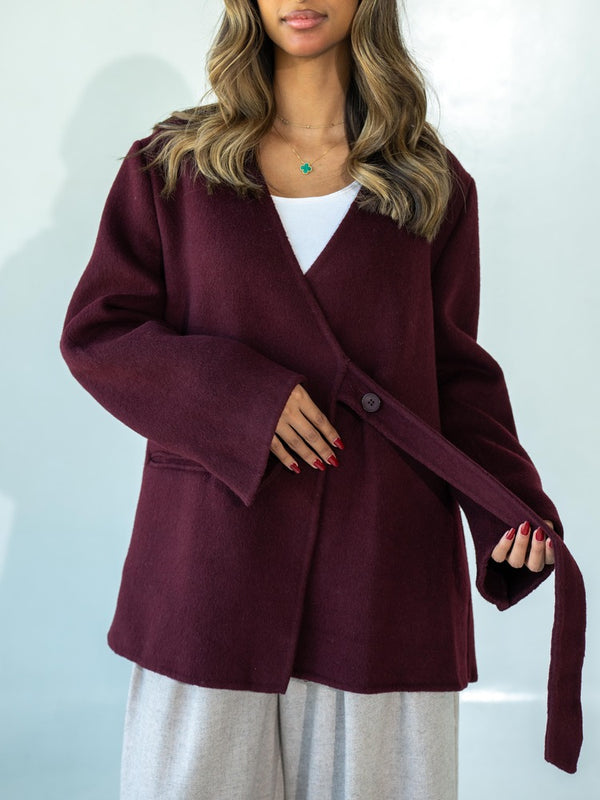 V-neck Lace Up Woolen Coatالسترات الخارجية / البليزرات