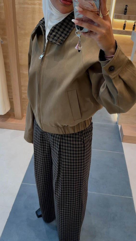 Checkered Collar Short Jacket Set