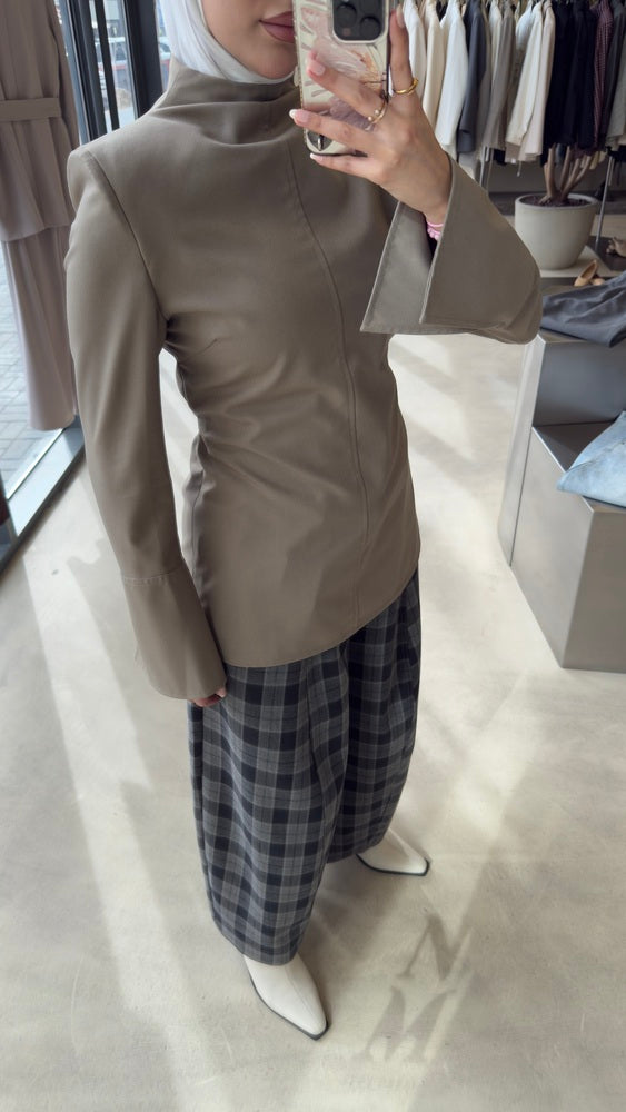 High-neck Belted Shirt