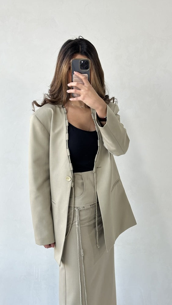 Drawstring Design Blazer and Split Skirt Set