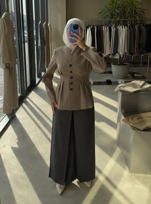 5-Black Button Waist Pleated Blazer
