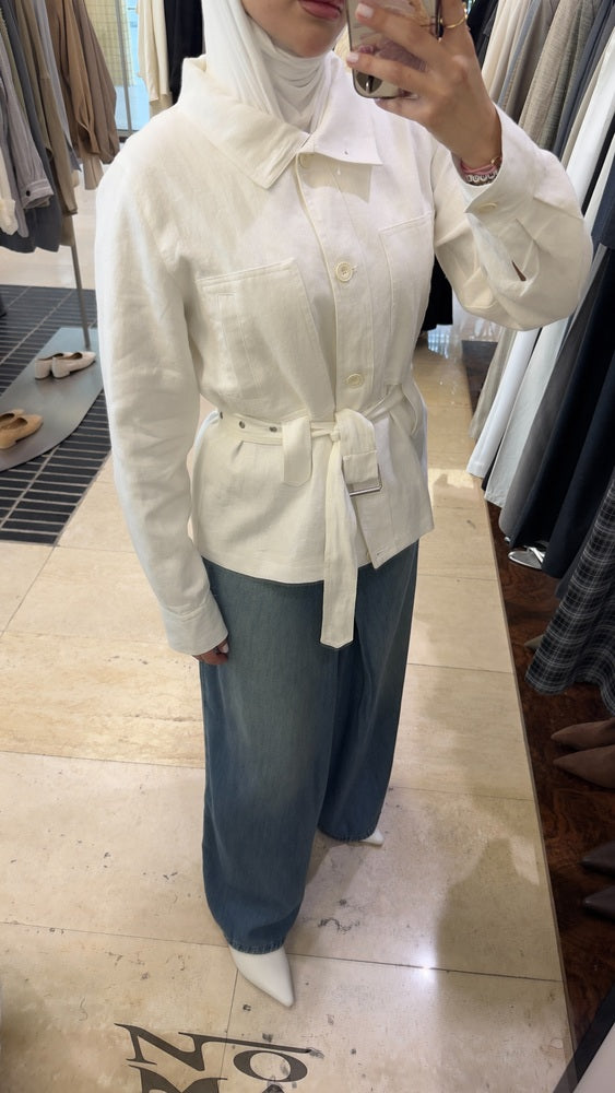 Linen Belted Stand Collar Short Jacket