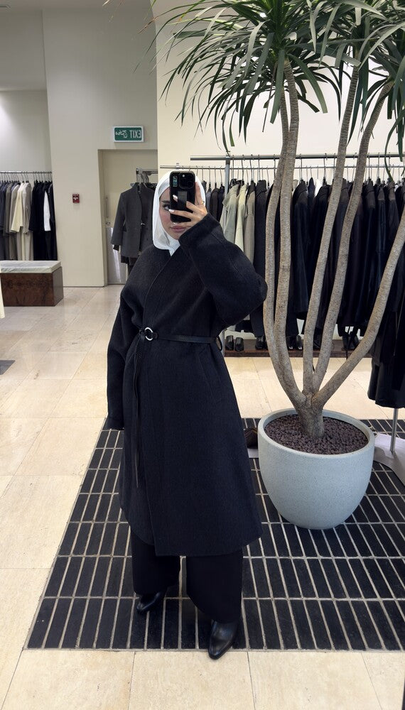 Woolen Coat W/ black  Stitched Pattern Belt