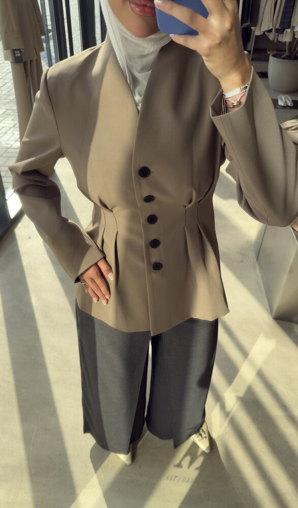 5-Black Button Waist Pleated Blazer
