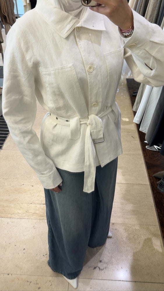 Linen Belted Stand Collar Short Jacket