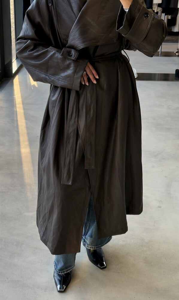 Belted Leather Maxi Coat