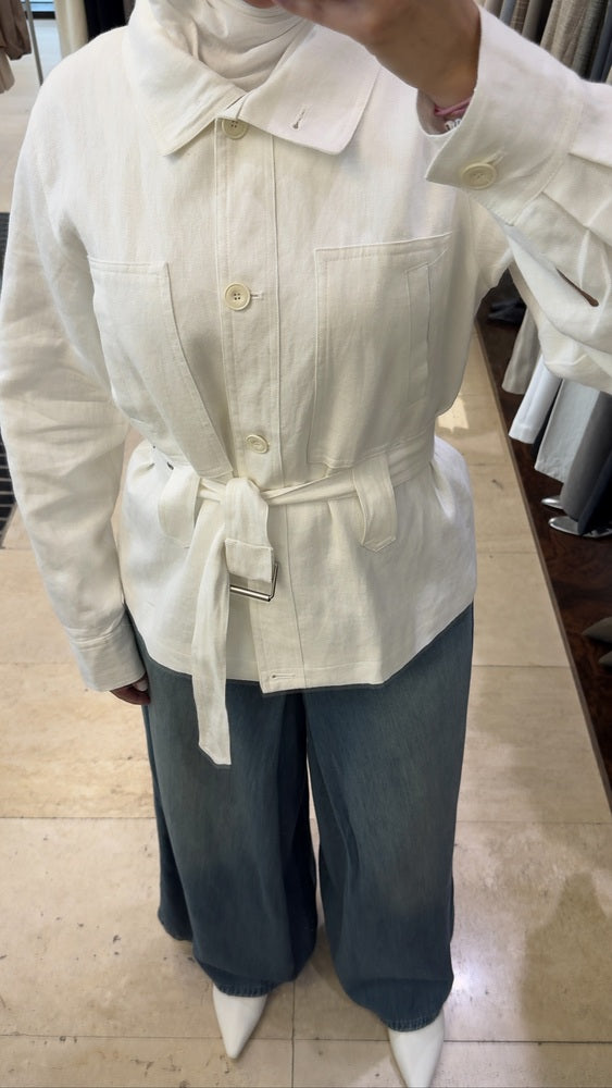 Linen Belted Stand Collar Short Jacket