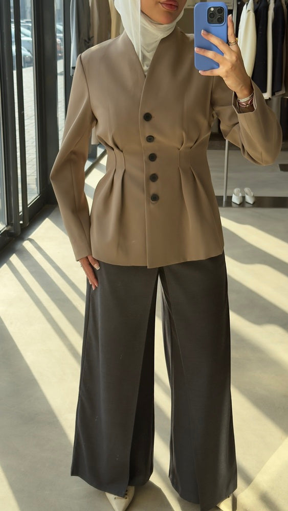 5-Black Button Waist Pleated Blazer