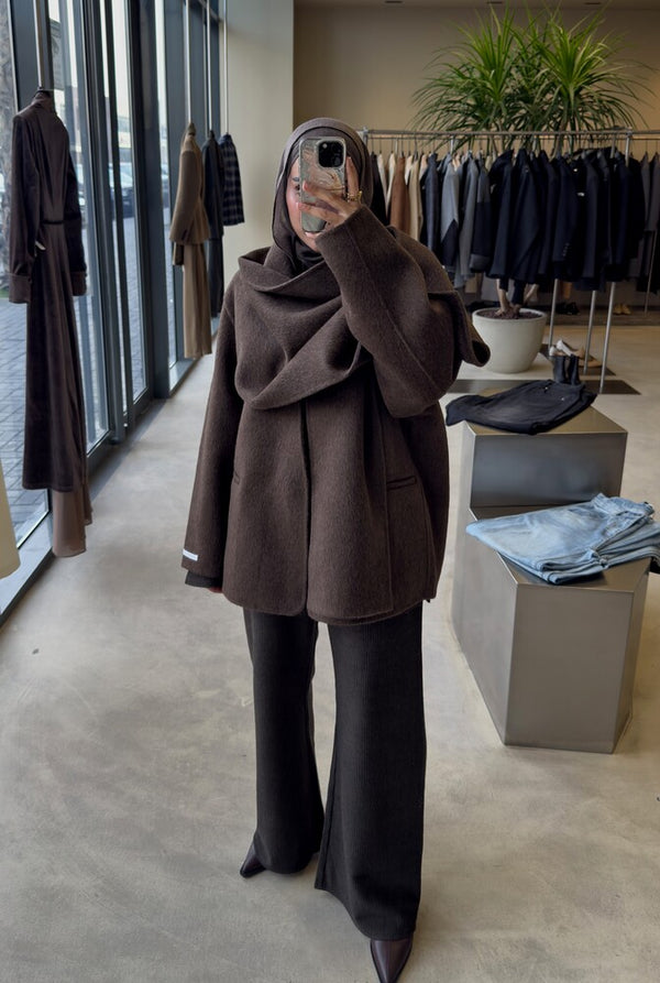 Scarfed Woolen Snap Button Jacket